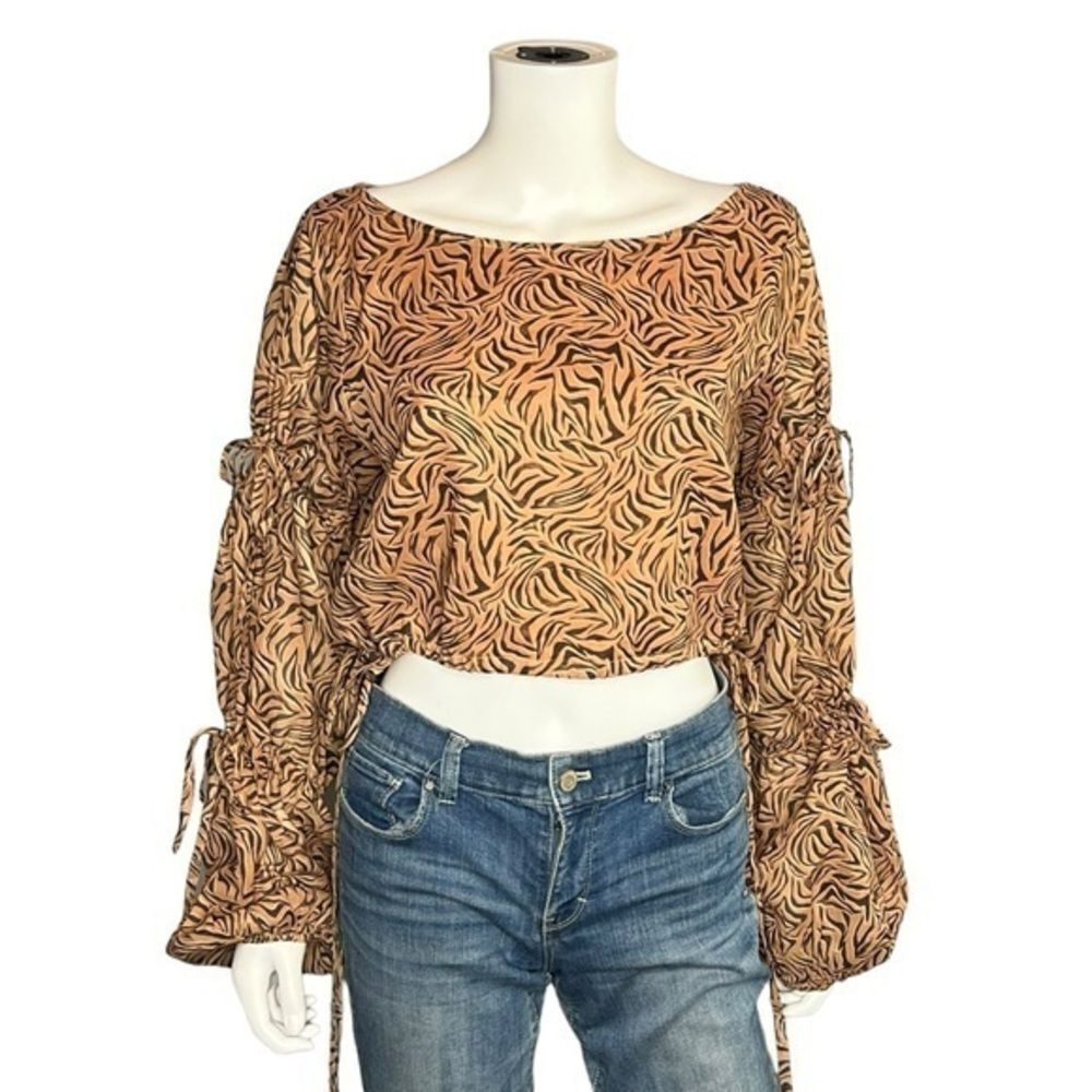 Charlie Holiday Womens Tiger Animal Print Top 8 Balloon Sleeve Brown Boho Y2K - Picture 2 of 6